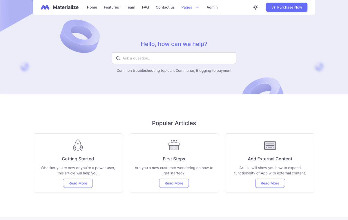 materialize-front-help-center-page-demo