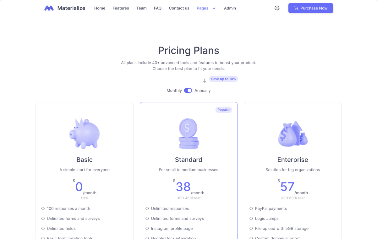 materialize-front-pricing-page-demo